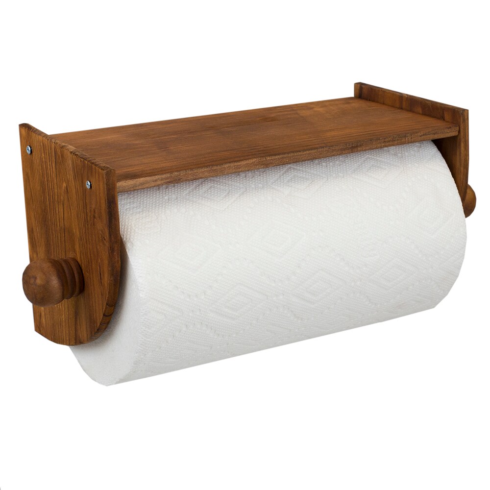 Home Basics Quick Install Rustic Pine Wood Wall Mounted Paper Towel Holder with Flat Top, Brown