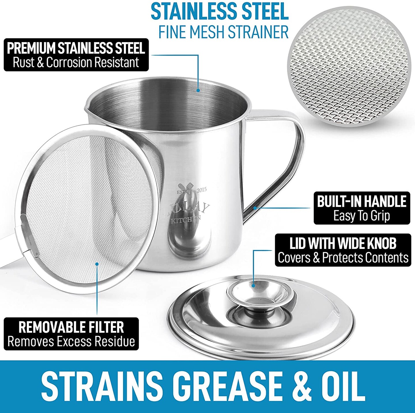 Zulay Kitchen Bacon Grease Container with Strainer 1L Stainless