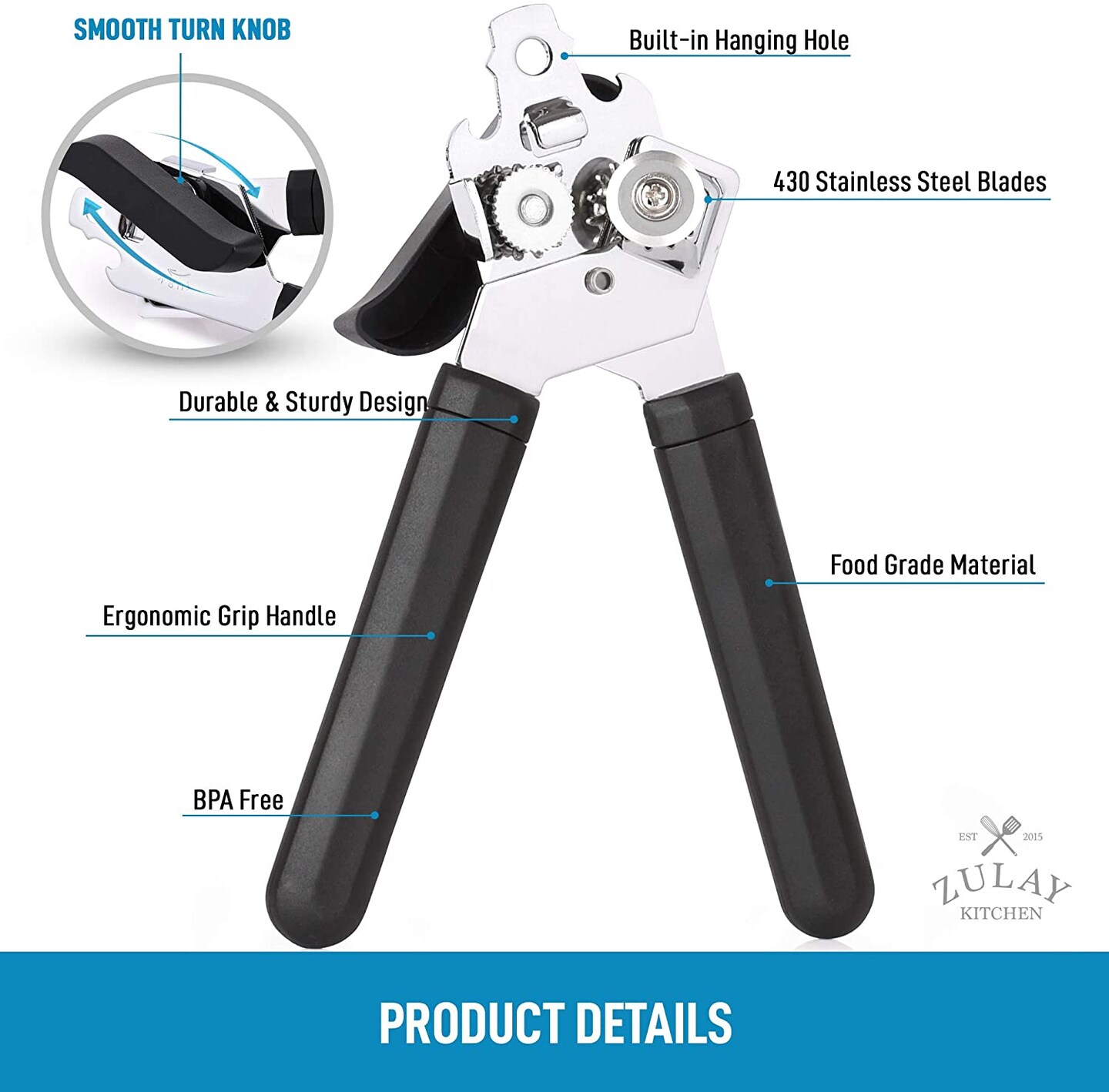 Zulay Can Opener - Nylon Handle - Black