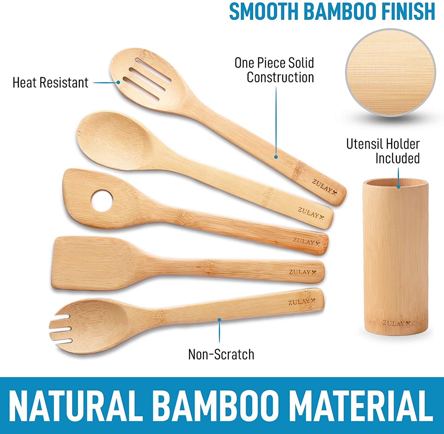 Zulay Bamboo Utensil Set w/ Holder - 6 Pieces