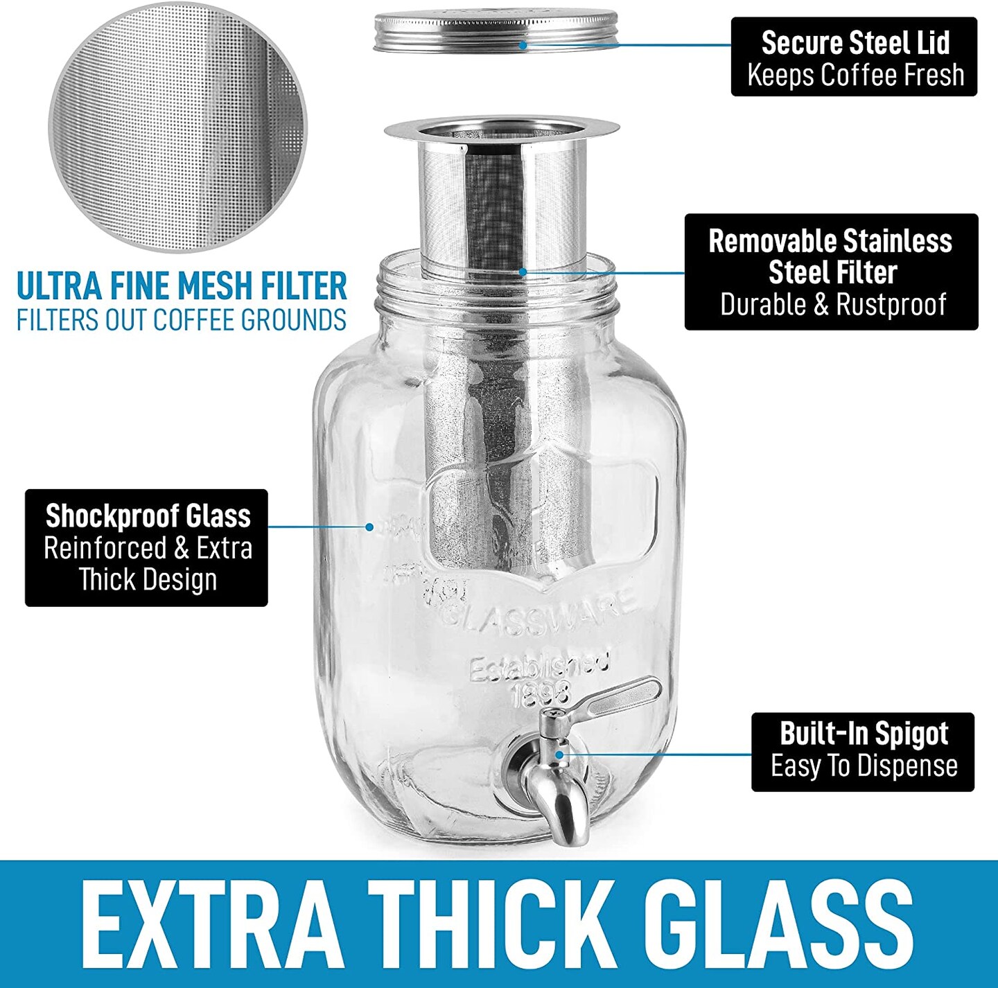 Zulay Kitchen Cold Brew Coffee Maker with Shock-Resistant Glass Carafe