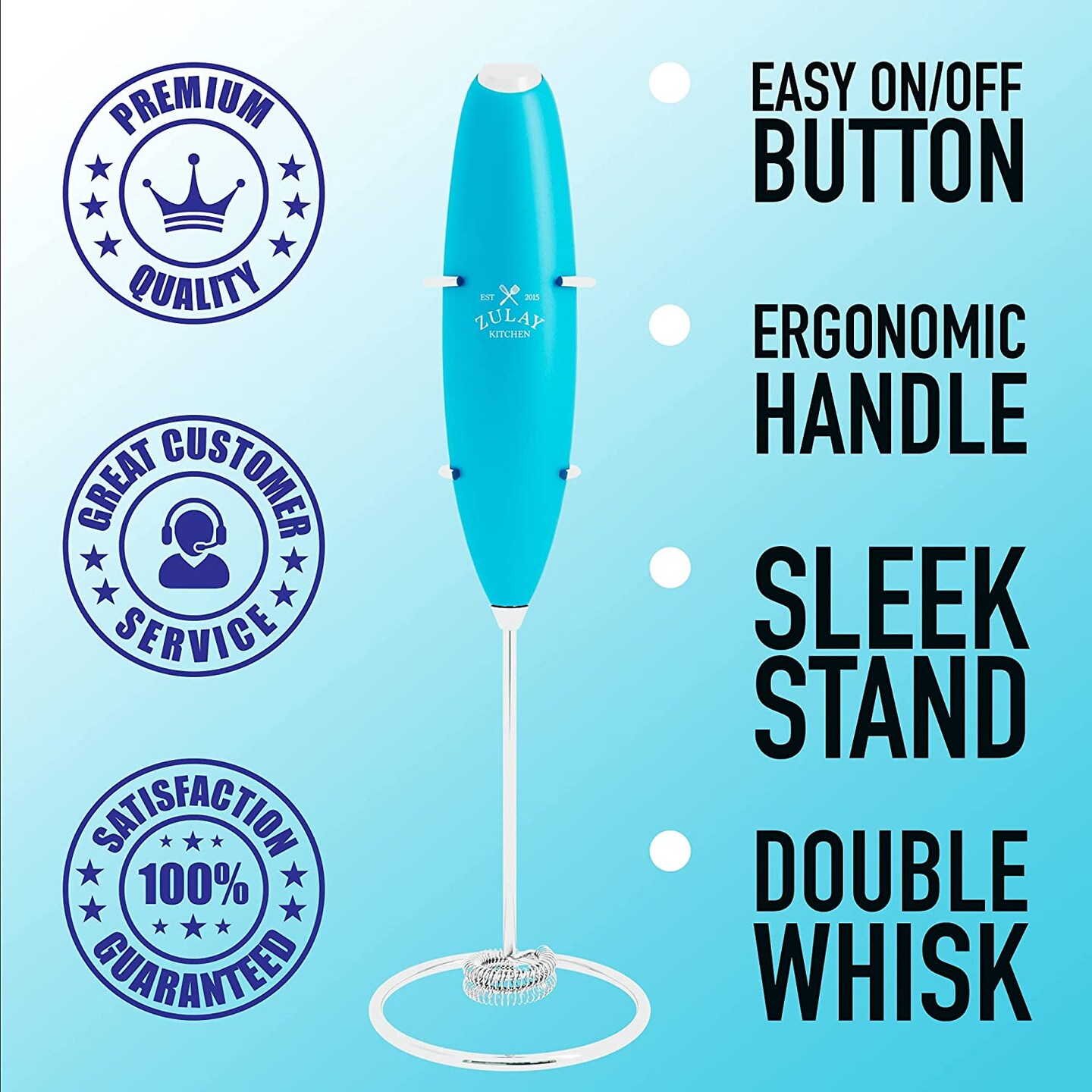 Zulay Milk Frother Double Whisk With Stand Teal