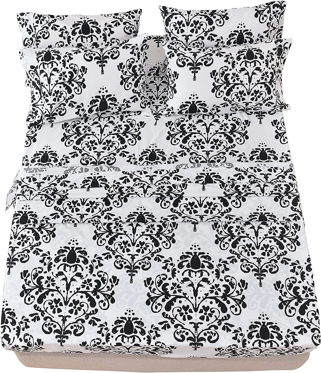 American Home Collection Damask Bedding Sheets & Pillowcases Set Brushed Microfiber Wrinkle Free Sheet Set