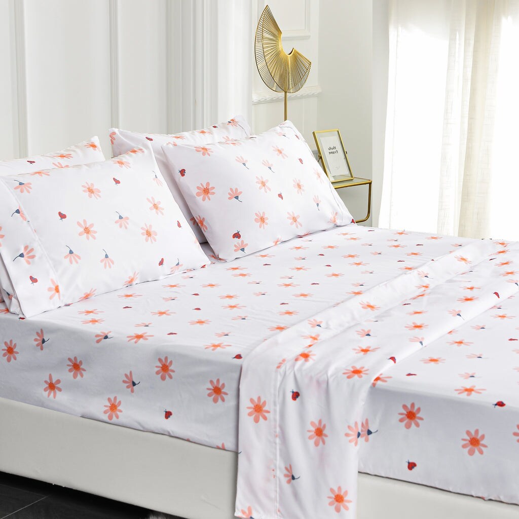 American Home Collection Pink Pollen and Ladybug Bedding Sheets & Pillowcases Set Brushed Microfiber Wrinkle Free Floral Sheet Set
