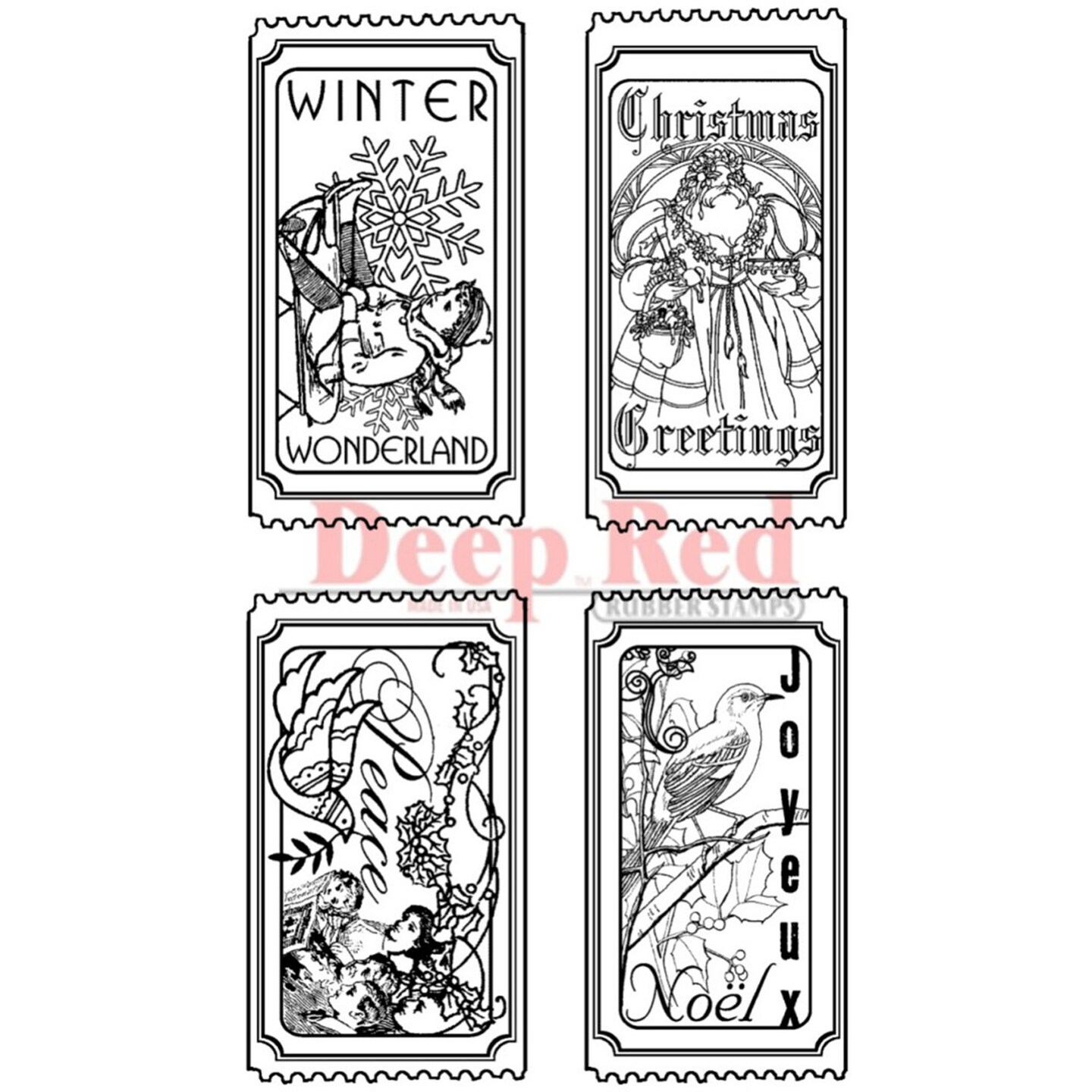 Deep Red Stamps Vintage Holiday Tickets Rubber Cling Stamp Set 4 x 2 inches