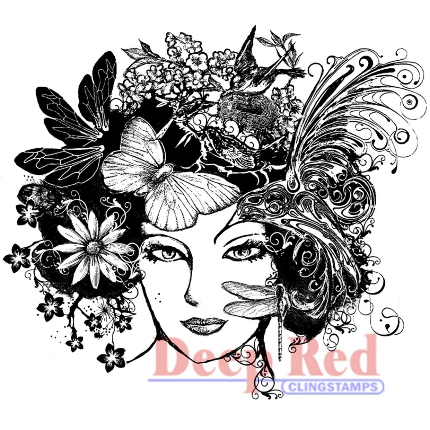 Deep Red Stamps Madame Dragonfly Rubber Cling Stamp 3.1 x 2.75 inches