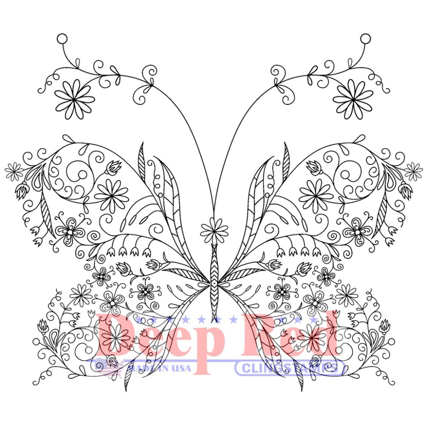 Deep Red Stamps Floral Butterfly Rubber Cling Stamp 3.1 x 2.7 inches