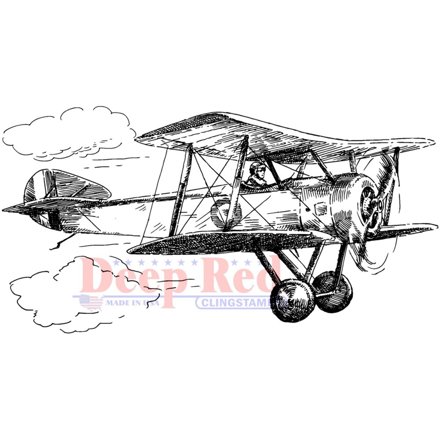 Deep Red Stamps Vintage Biplane Rubber Cling Stamp 4 x 2 inches