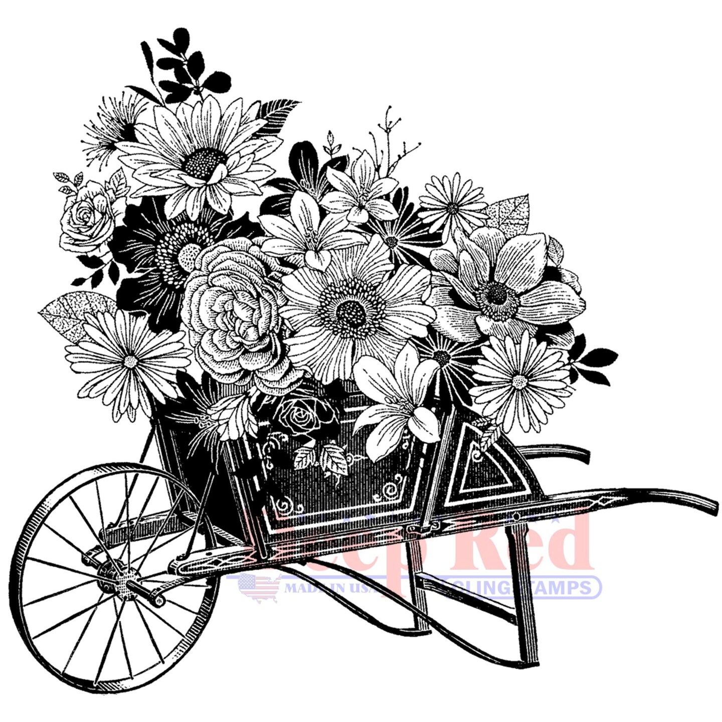 Deep Red Stamps Wheelbarrow Bouquet Rubber Cling Stamp 3.2 x 3.1 inches