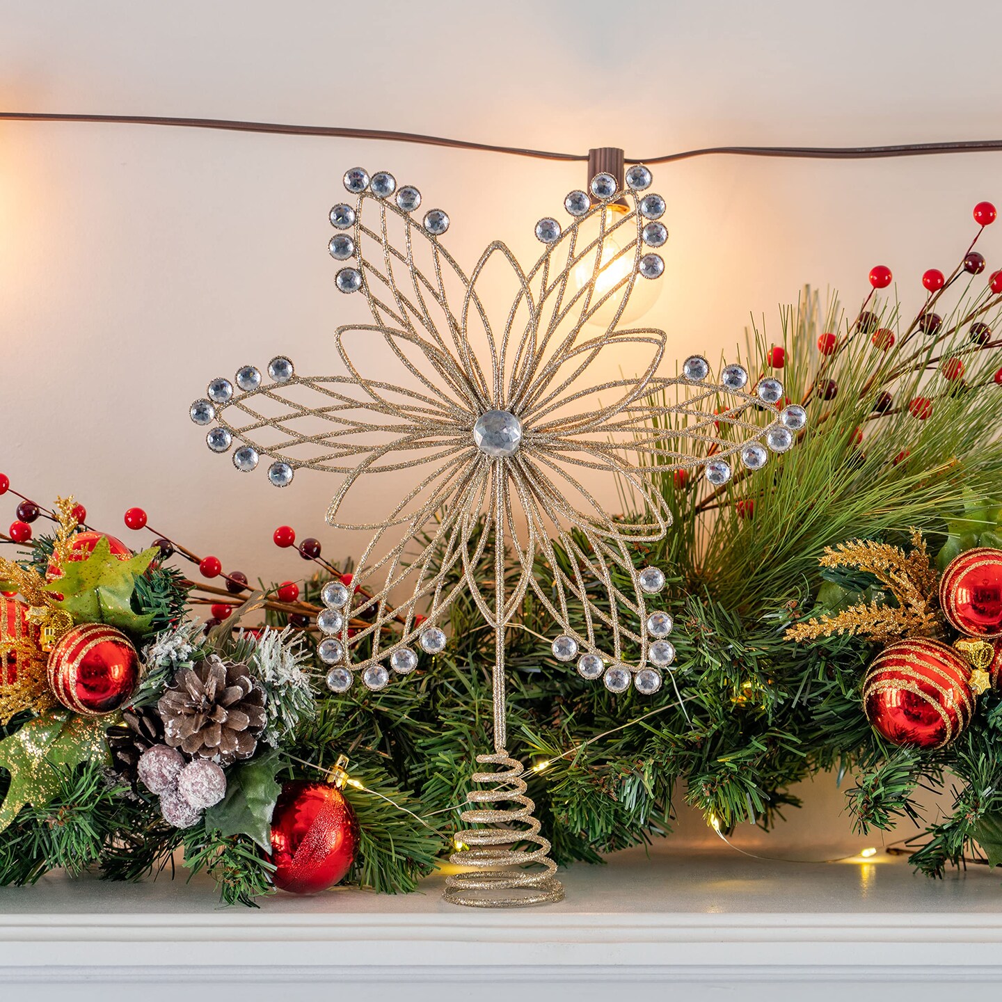 Ornativity Jewel Flower Tree Topper Gold Glitter Sparkling Metal Wire Star Flower Topper with