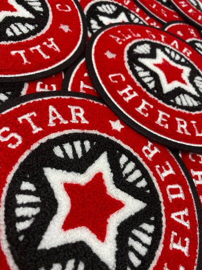Chenille, "All-Star Cheerleader" Red/White/Blk Varsity Patch, Iron-on Applique