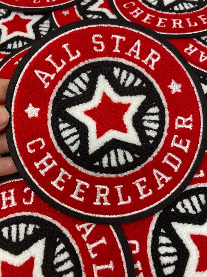 Chenille, "All-Star Cheerleader" Red/White/Blk Varsity Patch, Iron-on Applique
