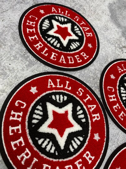 Chenille, "All-Star Cheerleader" Red/White/Blk Varsity Patch, Iron-on Applique