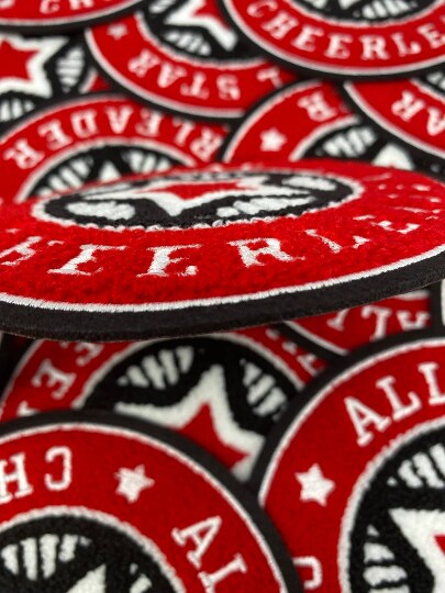 Chenille, "All-Star Cheerleader" Red/White/Blk Varsity Patch, Iron-on Applique