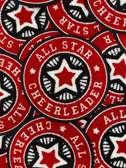Chenille, "All-Star Cheerleader" Red/White/Blk Varsity Patch, Iron-on Applique