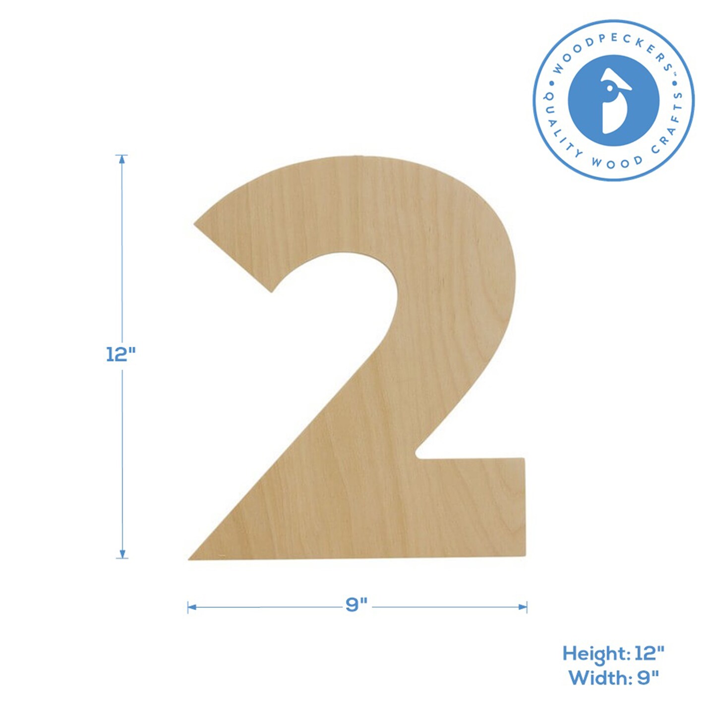 Wooden Number 2, 12 inch or 8 inch, Unfinished Large Wood Numbers for Crafts | Woodpeckers