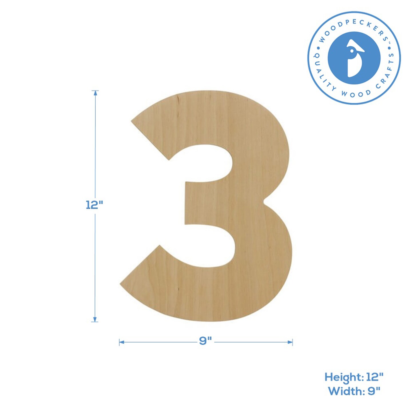 Wooden Number 3, 12 inch or 8 inch, Unfinished Large Wood Numbers for Crafts | Woodpeckers