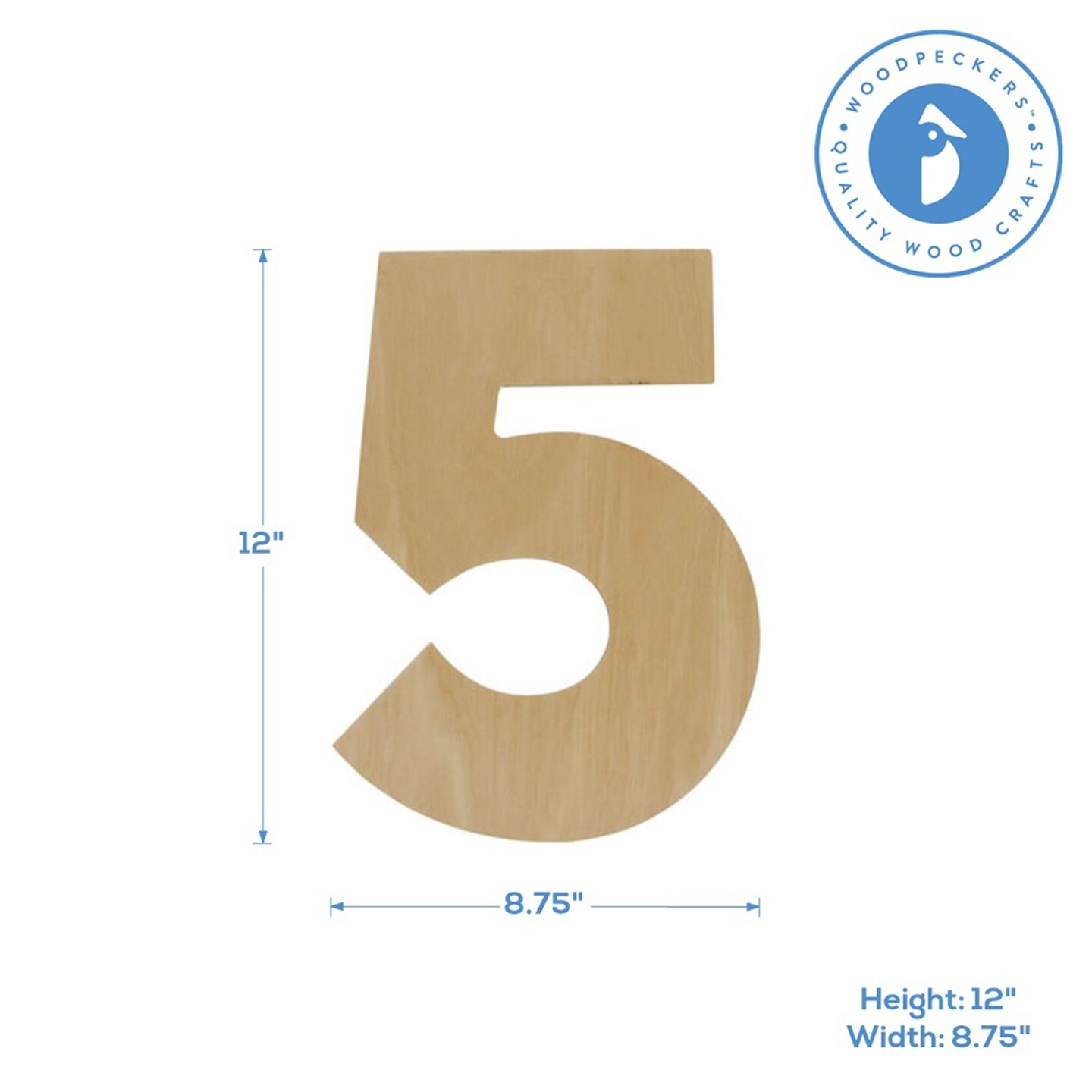 Wooden Number 5, 12 inch or 8 inch, Unfinished Large Wood Numbers for Crafts | Woodpeckers