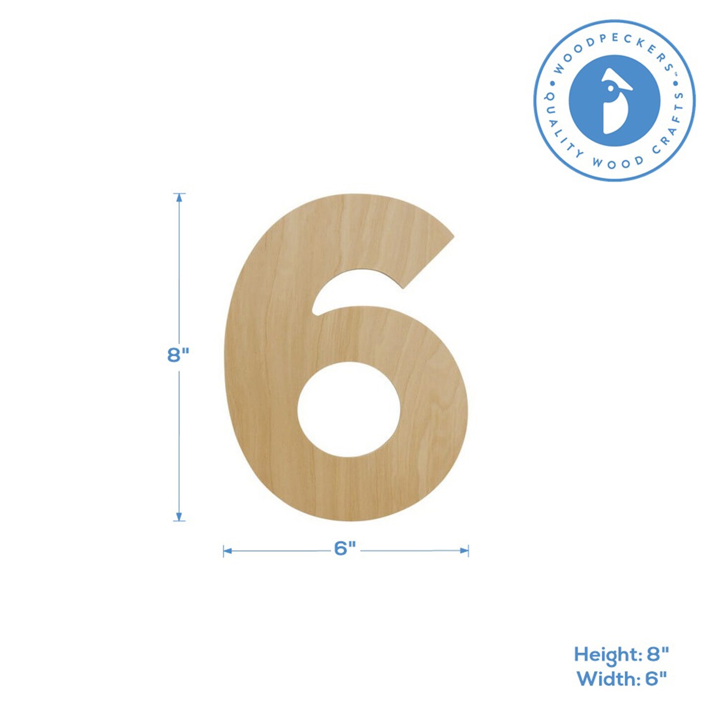 Wooden Number 6, 12 inch or 8 inch, Unfinished Large Wood Numbers for Crafts | Woodpeckers