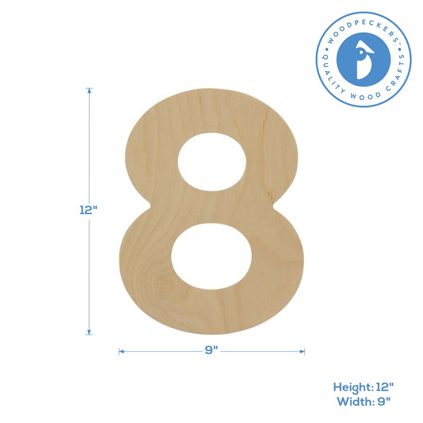 Wooden Number 8, 12 inch or 8 inch, Unfinished Large Wood Numbers for Crafts | Woodpeckers