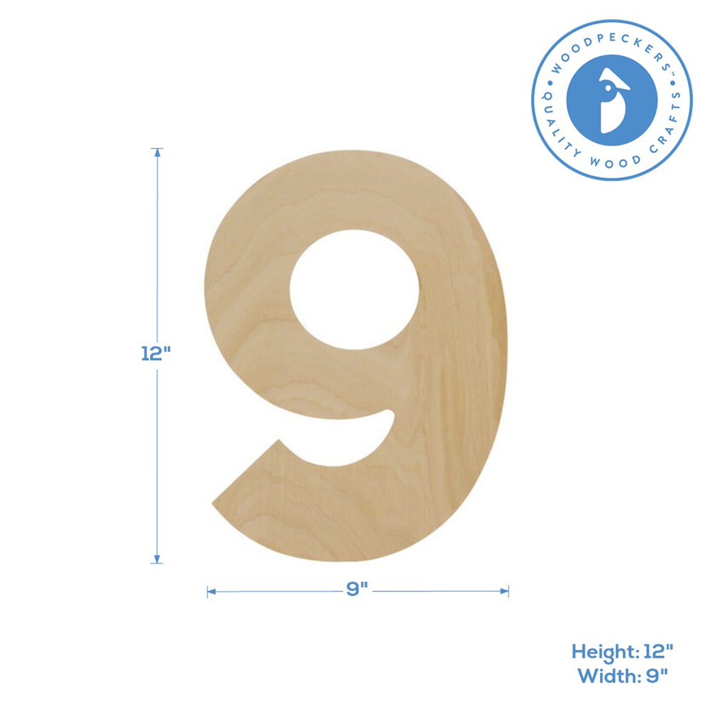 Wooden Number 9, 12 inch or 8 inch, Unfinished Large Wood Numbers for Crafts | Woodpeckers