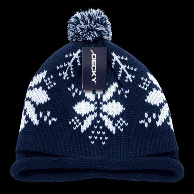 Decky 611BNVY Snowflake Roll Up Beaine With Pom, Navy & White Hats