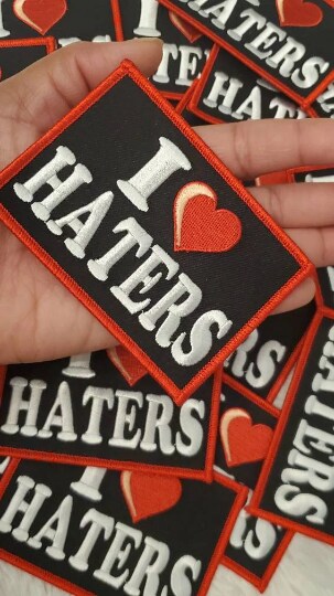 &#x22;I Love Haters&#x22;, Black &#x26; Red Iron-On Embroidered Patch, Cool Patch for Clothing, 4&#x22;x3&#x22; inches