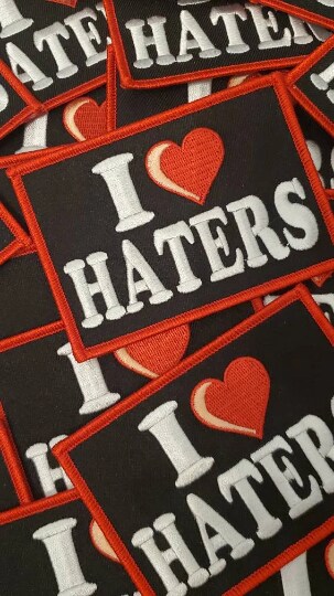 &#x22;I Love Haters&#x22;, Black &#x26; Red Iron-On Embroidered Patch, Cool Patch for Clothing, 4&#x22;x3&#x22; inches
