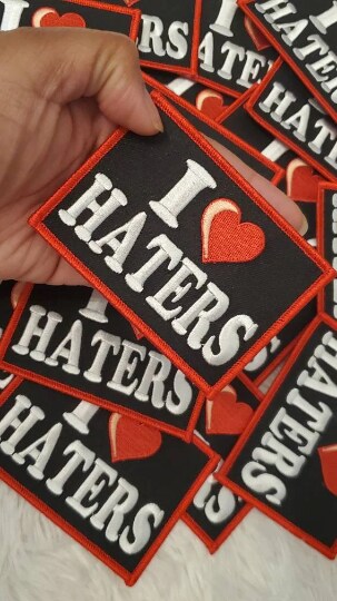 &#x22;I Love Haters&#x22;, Black &#x26; Red Iron-On Embroidered Patch, Cool Patch for Clothing, 4&#x22;x3&#x22; inches