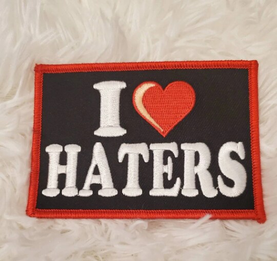 &#x22;I Love Haters&#x22;, Black &#x26; Red Iron-On Embroidered Patch, Cool Patch for Clothing, 4&#x22;x3&#x22; inches