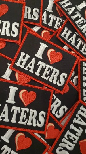 &#x22;I Love Haters&#x22;, Black &#x26; Red Iron-On Embroidered Patch, Cool Patch for Clothing, 4&#x22;x3&#x22; inches