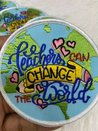 "Teacher's Can Change the World" Circular Applique, Teachers Gift, Iron-on Embroidery, Size 3" inches
