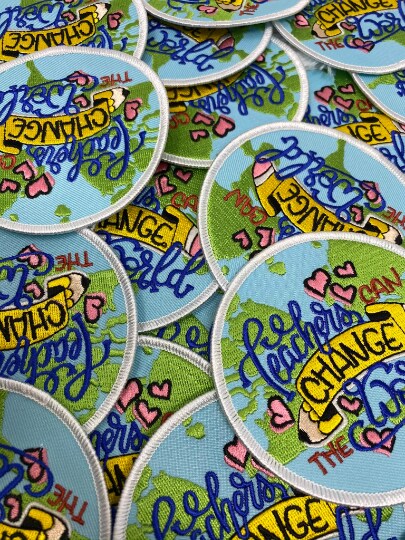 "Teacher's Can Change the World" Circular Applique, Teachers Gift, Iron-on Embroidery, Size 3" inches