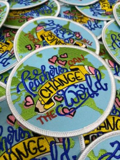 "Teacher's Can Change the World" Circular Applique, Teachers Gift, Iron-on Embroidery, Size 3" inches