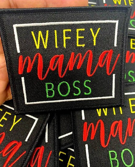 &#x22;Wifey, Mama, Boss&#x22; (Blk, Red, Yellow) Iron-on Patch for Denim Jackets, Size 4&#x22;x4&#x22; inches