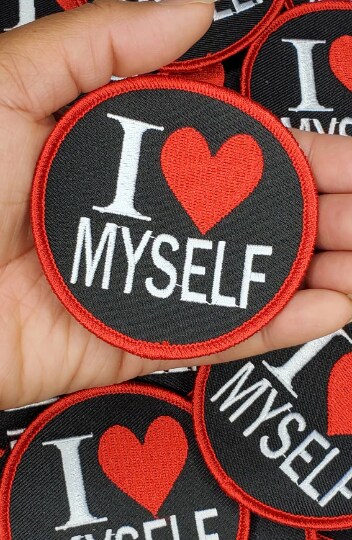 "I Love Myself" w/Red Border, Circular Emblem, Iron on Patch, Positive Vibes Applique, Size 3" inches