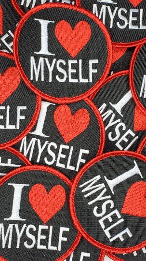 "I Love Myself" w/Red Border, Circular Emblem, Iron on Patch, Positive Vibes Applique, Size 3" inches