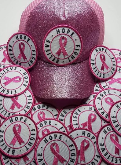 &#x22;Hope, Believe, Fight&#x22;, Breast Cancer Ribbon Patch, Embroidered Iron or Sew-on, 1 pc