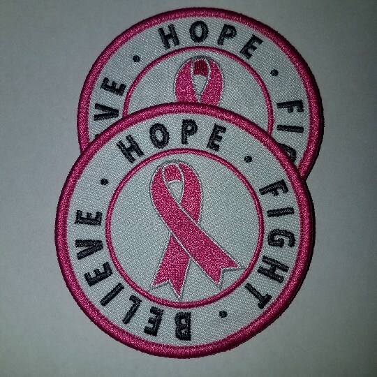 &#x22;Hope, Believe, Fight&#x22;, Breast Cancer Ribbon Patch, Embroidered Iron or Sew-on, 1 pc