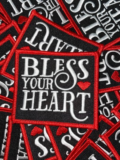 "Bless Your Heart", Cute Inspirational Applique, Iron-on Embroidered Patch, Size 4" inches