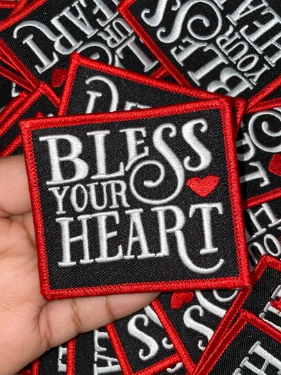"Bless Your Heart", Cute Inspirational Applique, Iron-on Embroidered Patch, Size 4" inches