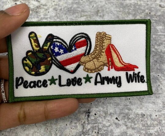 &#x22;Peace. Love. ARMY Wife&#x22;, Iron-on Patch, Embroidery Patch, Military Wife Badge, Size 3&#x22;x2&#x22; inches