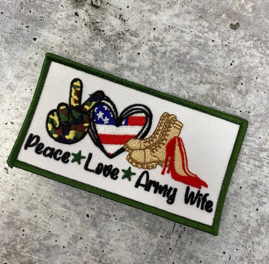 &#x22;Peace. Love. ARMY Wife&#x22;, Iron-on Patch, Embroidery Patch, Military Wife Badge, Size 3&#x22;x2&#x22; inches