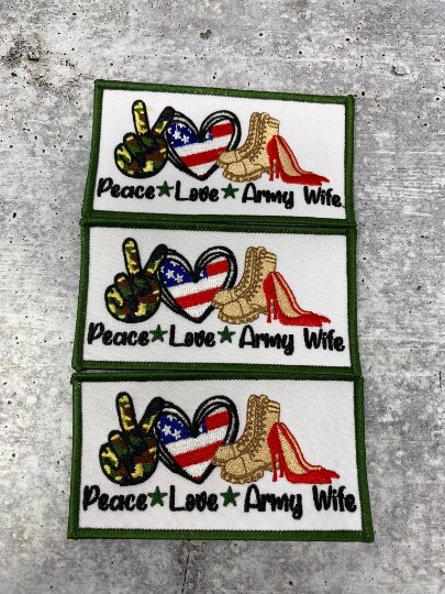 &#x22;Peace. Love. ARMY Wife&#x22;, Iron-on Patch, Embroidery Patch, Military Wife Badge, Size 3&#x22;x2&#x22; inches