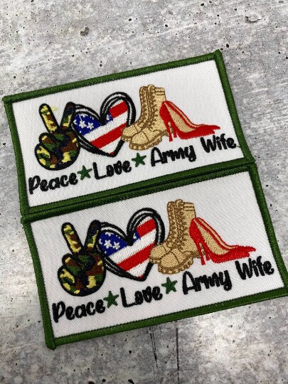 &#x22;Peace. Love. ARMY Wife&#x22;, Iron-on Patch, Embroidery Patch, Military Wife Badge, Size 3&#x22;x2&#x22; inches