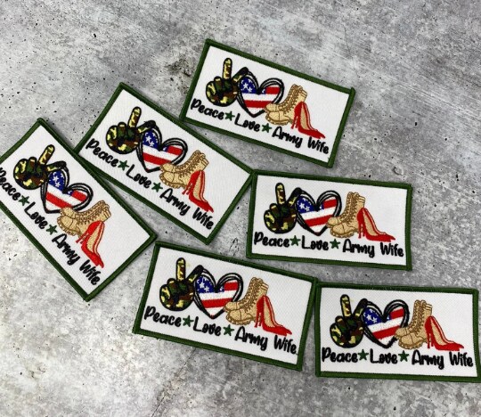 &#x22;Peace. Love. ARMY Wife&#x22;, Iron-on Patch, Embroidery Patch, Military Wife Badge, Size 3&#x22;x2&#x22; inches