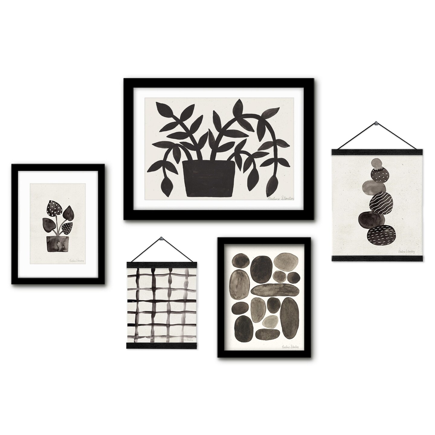 (Set of 5) Framed Multimedia Gallery Wall Art Set - Hot Stones and Houseplants