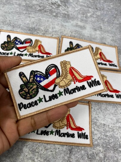 "Peace. Love. MARINE Wife", Iron-on Embroidery Patch, Military Wife Badge, Patch for Crocs, Size 3"x2" inches