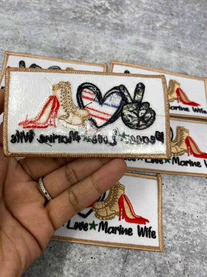 &#x22;Peace. Love. MARINE Wife&#x22;, Iron-on Embroidery Patch, Military Wife Badge, Patch for Crocs, Size 3&#x22;x2&#x22; inches