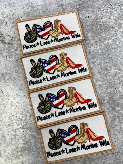 "Peace. Love. MARINE Wife", Iron-on Embroidery Patch, Military Wife Badge, Patch for Crocs, Size 3"x2" inches